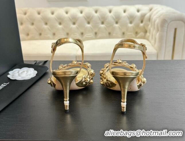 1:1 aaaaa Chanel Lambskin Heel Sandals 8cm with Bloom Gold 407019