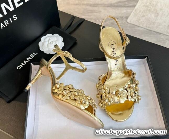 1:1 aaaaa Chanel Lambskin Heel Sandals 8cm with Bloom Gold 407019