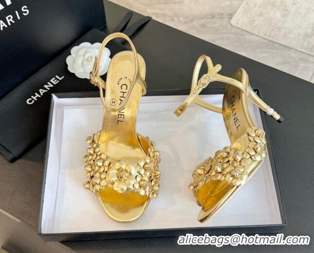 1:1 aaaaa Chanel Lambskin Heel Sandals 8cm with Bloom Gold 407019