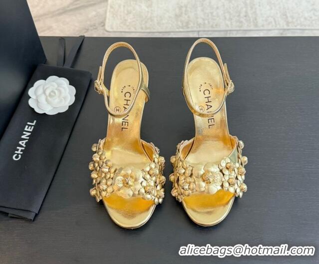 1:1 aaaaa Chanel Lambskin Heel Sandals 8cm with Bloom Gold 407019