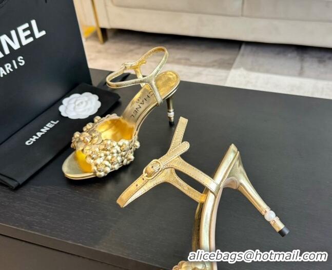 1:1 aaaaa Chanel Lambskin Heel Sandals 8cm with Bloom Gold 407019