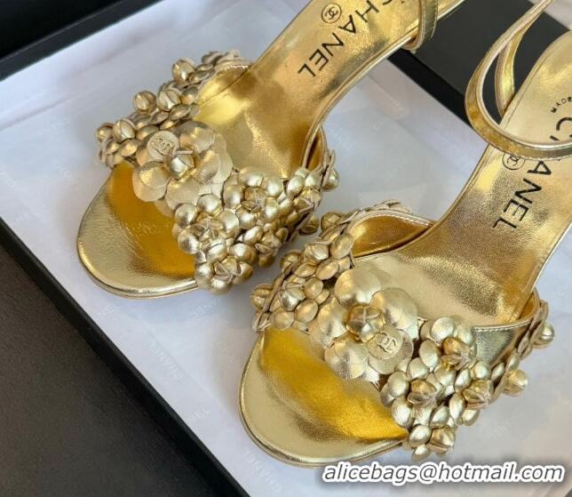 1:1 aaaaa Chanel Lambskin Heel Sandals 8cm with Bloom Gold 407019