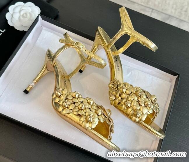 1:1 aaaaa Chanel Lambskin Heel Sandals 8cm with Bloom Gold 407019