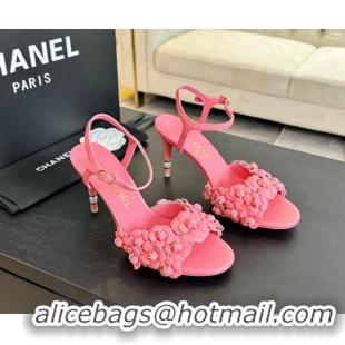 Stylish Chanel Lambskin Heel Sandals 8cm with Bloom Pink 407020