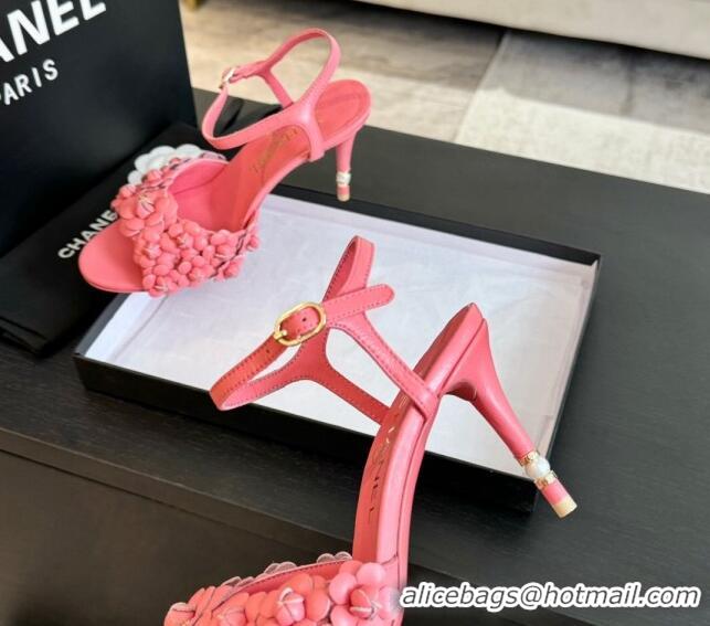 Stylish Chanel Lambskin Heel Sandals 8cm with Bloom Pink 407020