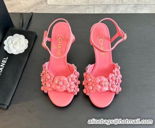 Stylish Chanel Lambskin Heel Sandals 8cm with Bloom Pink 407020