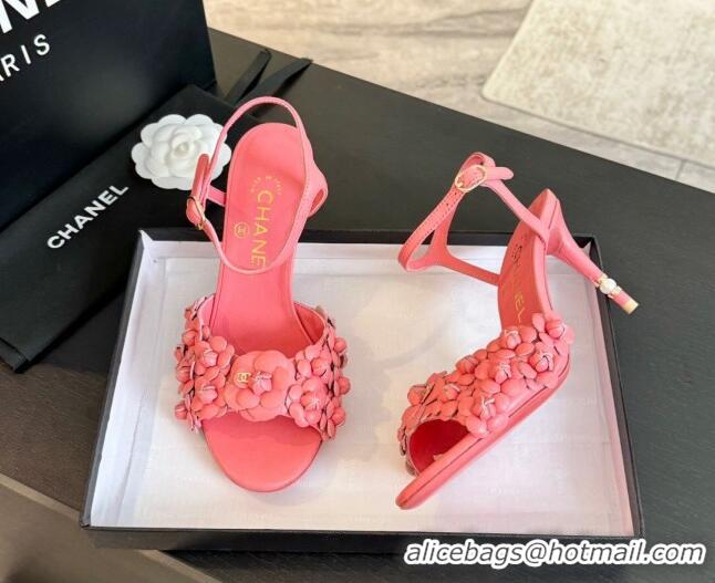 Stylish Chanel Lambskin Heel Sandals 8cm with Bloom Pink 407020