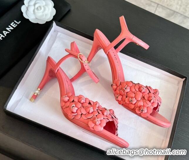 Stylish Chanel Lambskin Heel Sandals 8cm with Bloom Pink 407020