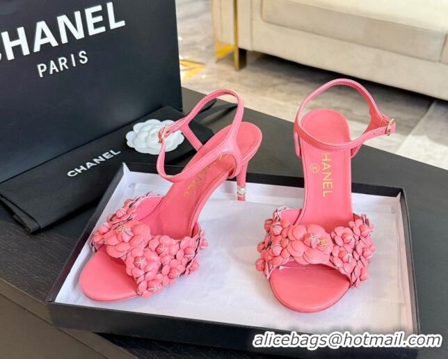 Stylish Chanel Lambskin Heel Sandals 8cm with Bloom Pink 407020