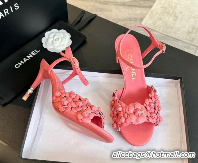 Stylish Chanel Lambskin Heel Sandals 8cm with Bloom Pink 407020