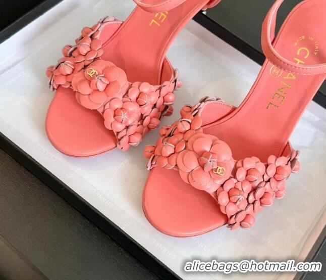 Stylish Chanel Lambskin Heel Sandals 8cm with Bloom Pink 407020