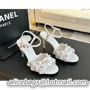 Perfect Chanel Lambskin Heel Sandals 8cm with Bloom White 407021