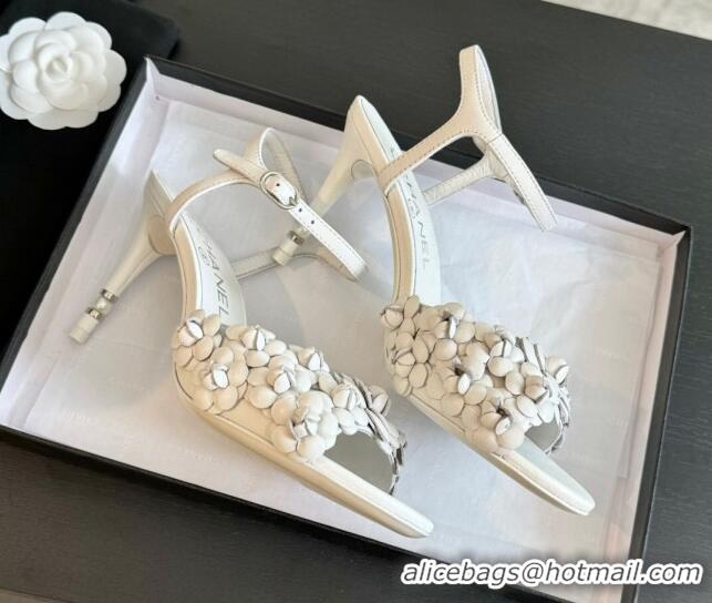 Perfect Chanel Lambskin Heel Sandals 8cm with Bloom White 407021