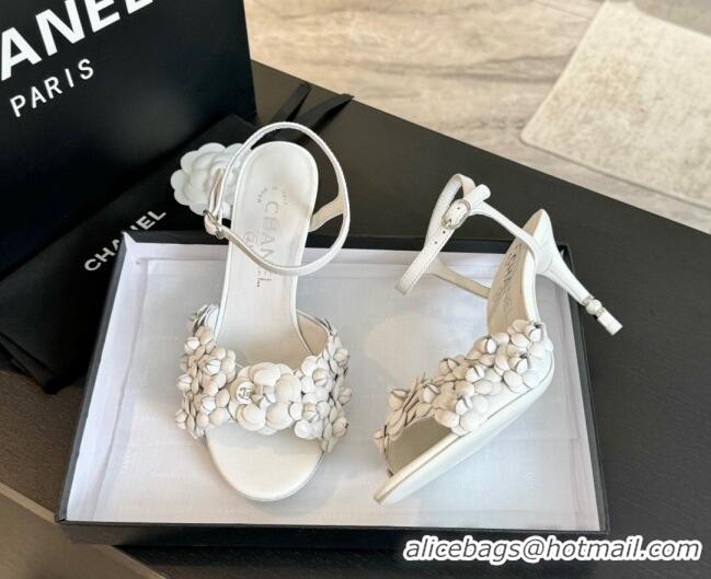 Perfect Chanel Lambskin Heel Sandals 8cm with Bloom White 407021