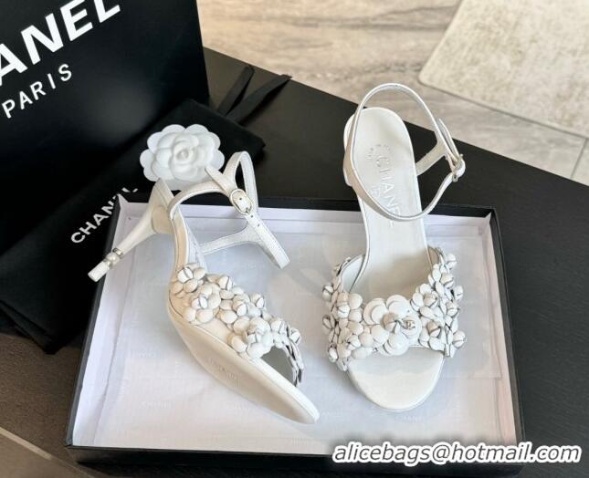 Perfect Chanel Lambskin Heel Sandals 8cm with Bloom White 407021