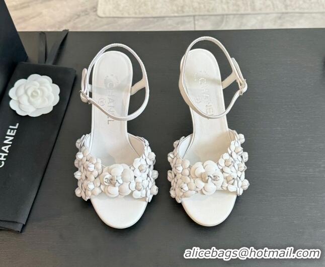 Perfect Chanel Lambskin Heel Sandals 8cm with Bloom White 407021