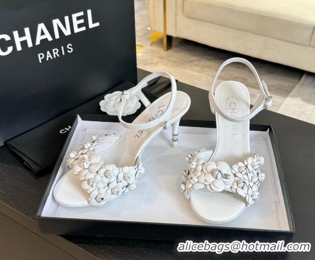 Perfect Chanel Lambskin Heel Sandals 8cm with Bloom White 407021