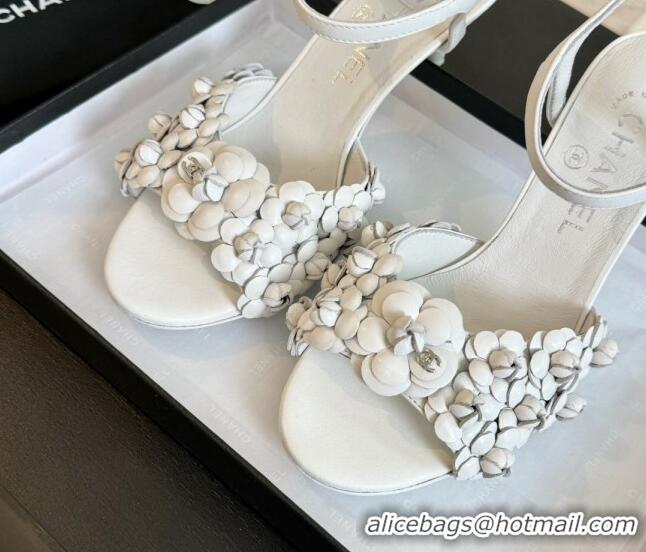 Perfect Chanel Lambskin Heel Sandals 8cm with Bloom White 407021