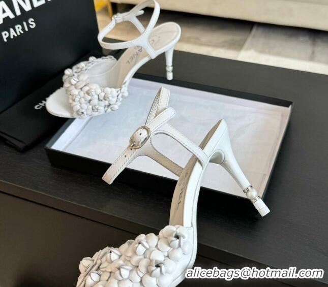 Perfect Chanel Lambskin Heel Sandals 8cm with Bloom White 407021