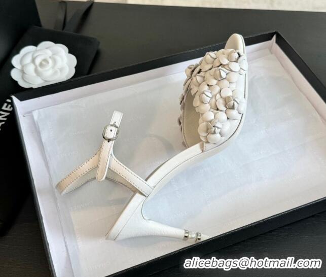 Perfect Chanel Lambskin Heel Sandals 8cm with Bloom White 407021