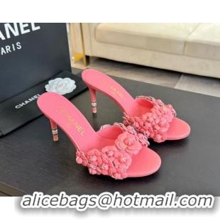 Sophisticated Chanel Lambskin Heel Slides Sandal 8cm with Bloom Pink 407022