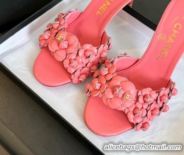 Sophisticated Chanel Lambskin Heel Slides Sandal 8cm with Bloom Pink 407022