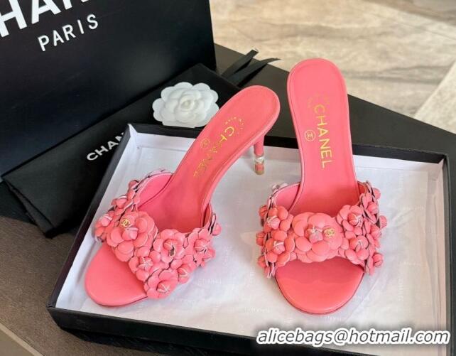 Sophisticated Chanel Lambskin Heel Slides Sandal 8cm with Bloom Pink 407022