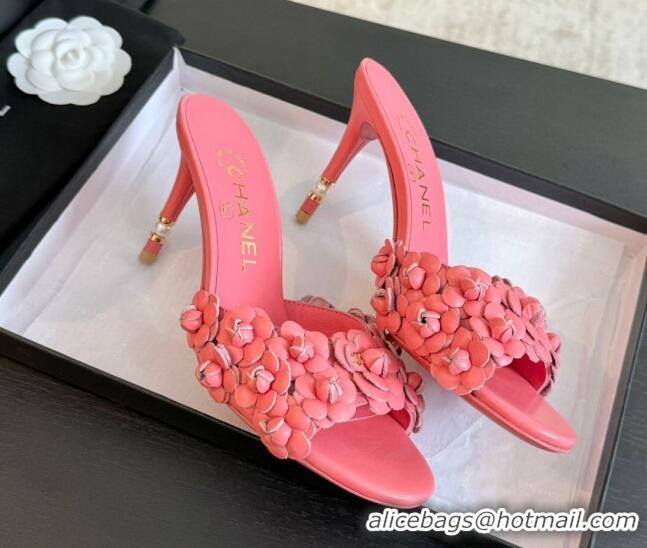 Sophisticated Chanel Lambskin Heel Slides Sandal 8cm with Bloom Pink 407022