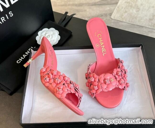 Sophisticated Chanel Lambskin Heel Slides Sandal 8cm with Bloom Pink 407022