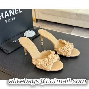 Stylish Chanel Lambskin Heel Slides Sandal 8cm with Bloom Beige 407023