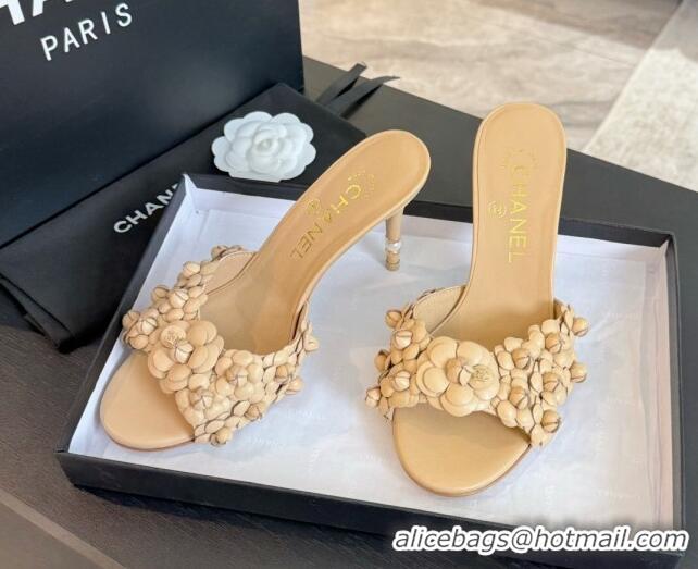 Stylish Chanel Lambskin Heel Slides Sandal 8cm with Bloom Beige 407023