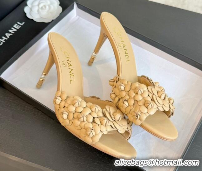 Stylish Chanel Lambskin Heel Slides Sandal 8cm with Bloom Beige 407023