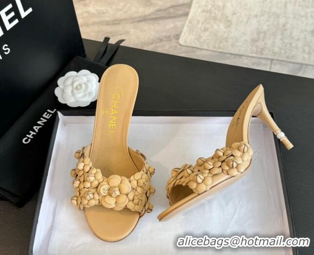 Stylish Chanel Lambskin Heel Slides Sandal 8cm with Bloom Beige 407023