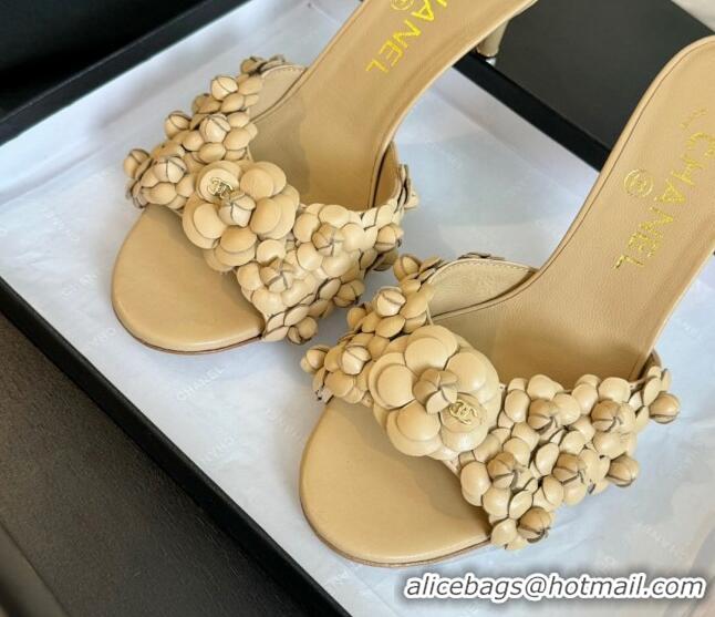 Stylish Chanel Lambskin Heel Slides Sandal 8cm with Bloom Beige 407023