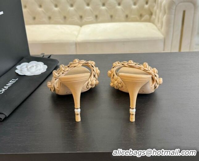 Stylish Chanel Lambskin Heel Slides Sandal 8cm with Bloom Beige 407023