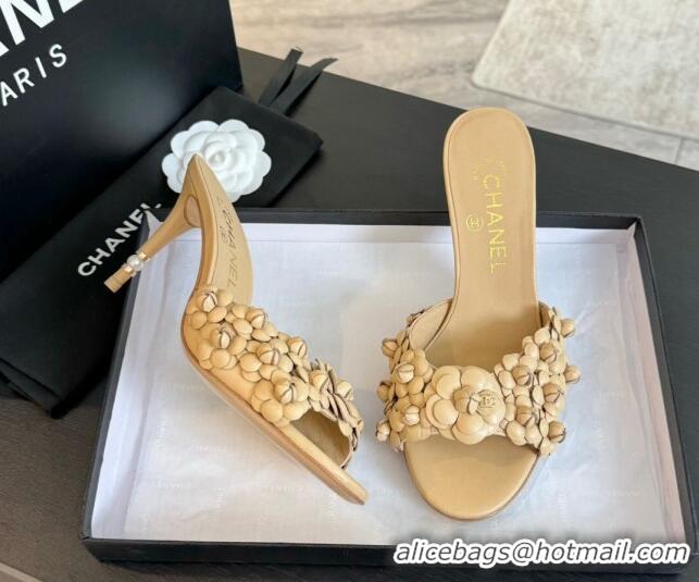 Stylish Chanel Lambskin Heel Slides Sandal 8cm with Bloom Beige 407023