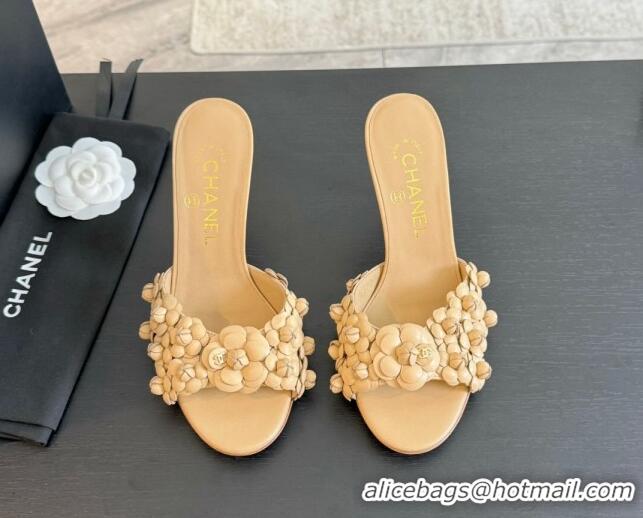 Stylish Chanel Lambskin Heel Slides Sandal 8cm with Bloom Beige 407023