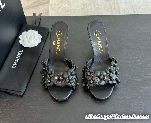 Grade Chanel Lambskin Heel Slides Sandal 8cm with Bloom Black 407024