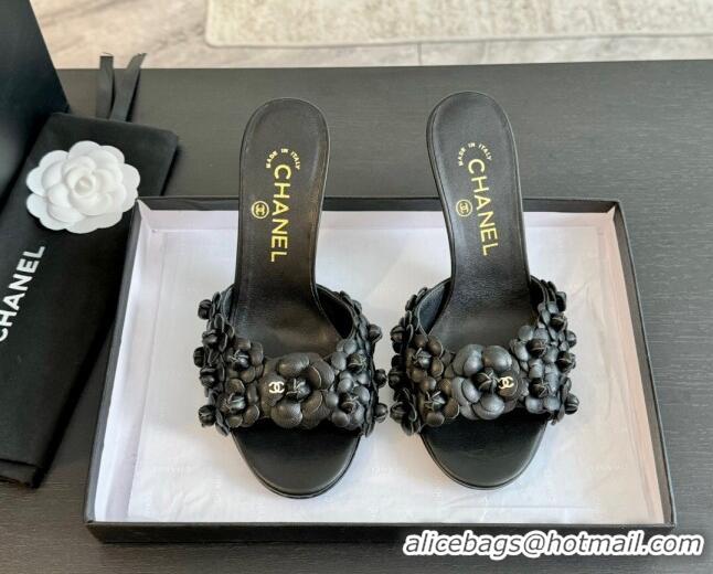 Grade Chanel Lambskin Heel Slides Sandal 8cm with Bloom Black 407024