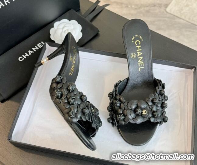 Grade Chanel Lambskin Heel Slides Sandal 8cm with Bloom Black 407024