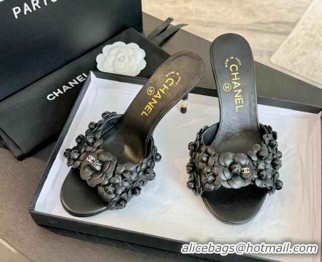 Grade Chanel Lambskin Heel Slides Sandal 8cm with Bloom Black 407024