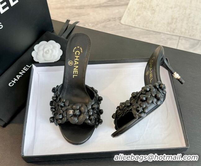 Grade Chanel Lambskin Heel Slides Sandal 8cm with Bloom Black 407024