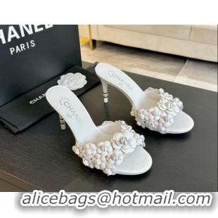 Popular Style Chanel Lambskin Heel Slides Sandal 8cm with Bloom White 407025