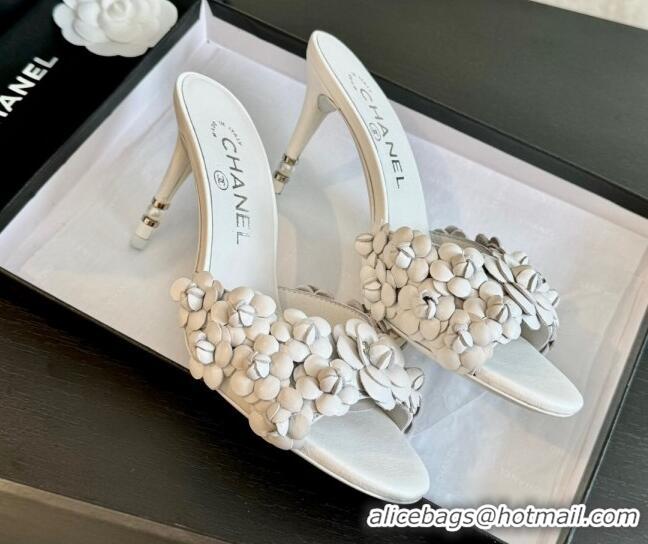 Popular Style Chanel Lambskin Heel Slides Sandal 8cm with Bloom White 407025