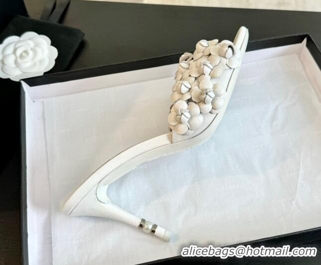 Popular Style Chanel Lambskin Heel Slides Sandal 8cm with Bloom White 407025