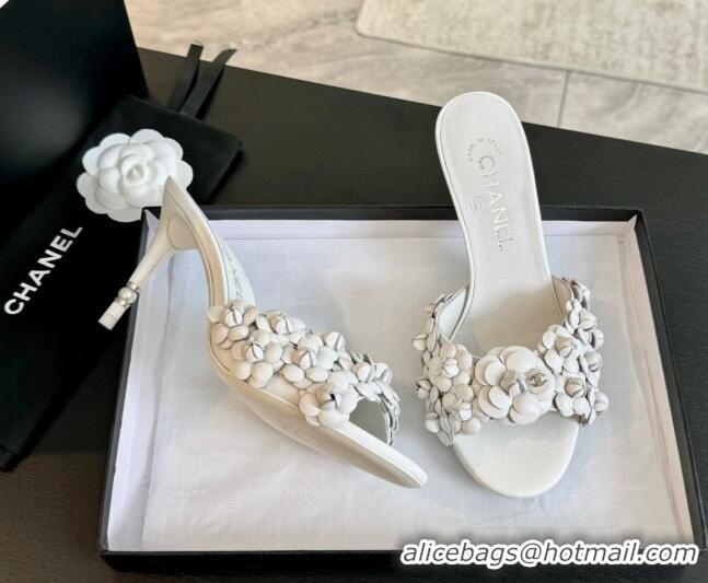 Popular Style Chanel Lambskin Heel Slides Sandal 8cm with Bloom White 407025