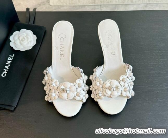 Popular Style Chanel Lambskin Heel Slides Sandal 8cm with Bloom White 407025