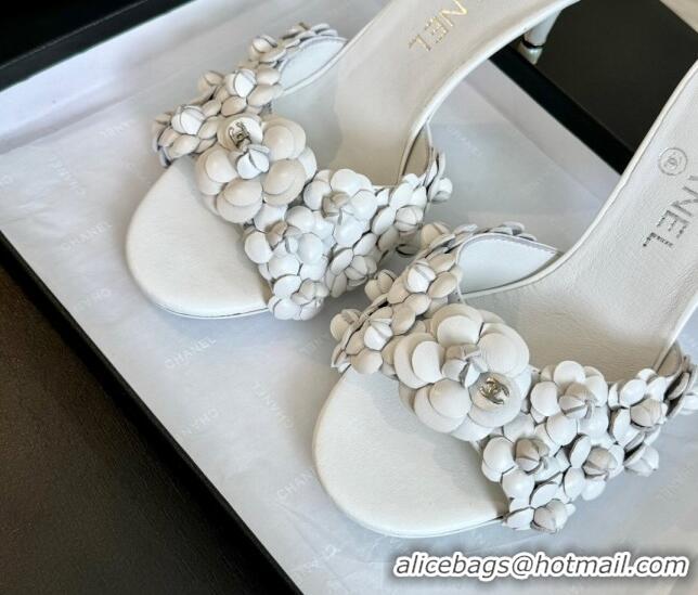 Popular Style Chanel Lambskin Heel Slides Sandal 8cm with Bloom White 407025