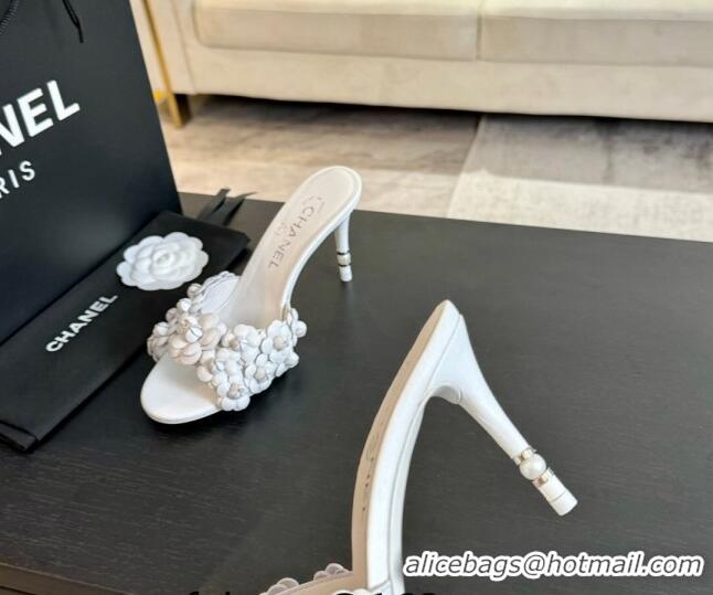 Popular Style Chanel Lambskin Heel Slides Sandal 8cm with Bloom White 407025