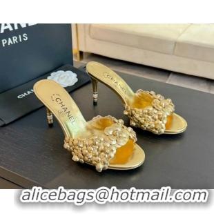 Charming Chanel Lambskin Heel Slides Sandal 8cm with Bloom Gold 407026